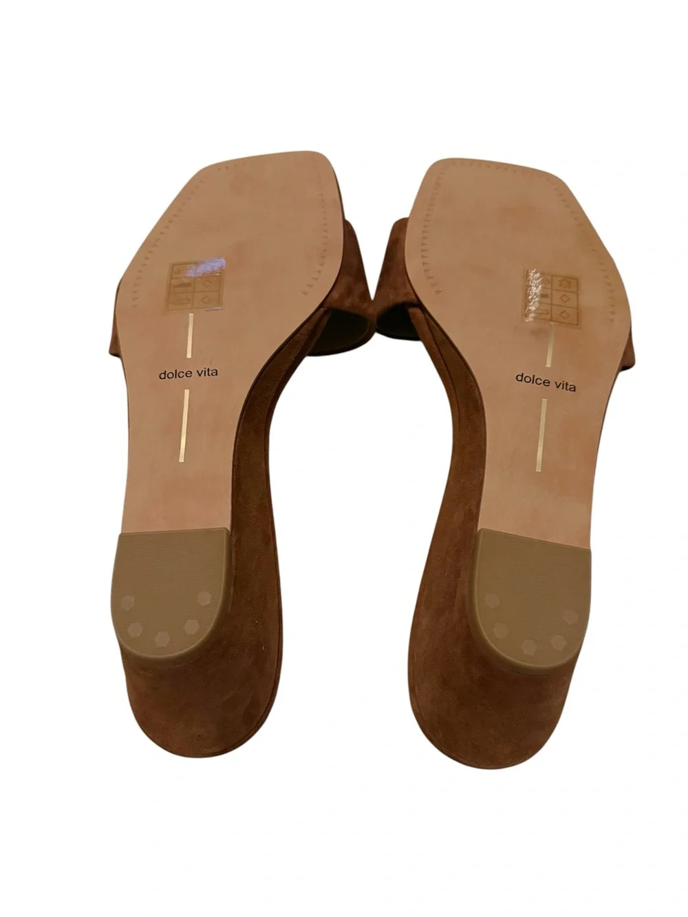 Dolce Vita Cognac Suede Qaily Wide Wedge Slide Slip On Square Toe Sandals